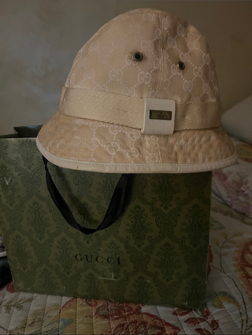 Gucci Cream Monogram Bucket Hat with Branded Plaque
